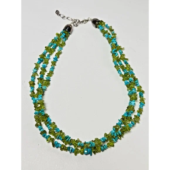 Jay King Desert Rose Trading 3 Strand Turquoise Peridot Chip Necklace Sterling - Picture 3 of 4